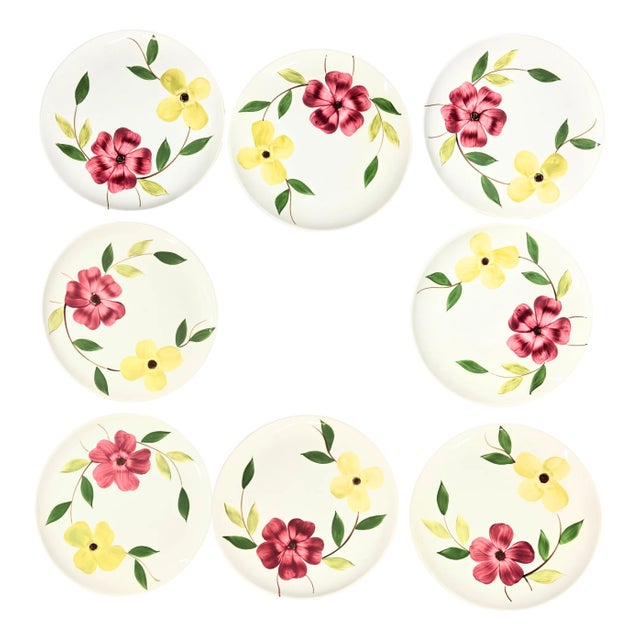 Mid-Century Pink and Yellow Dogwood Plates- Set of Eight For Sale