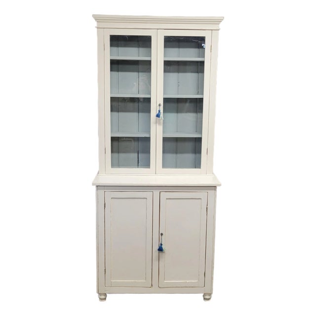 Antique English Country Painted Two Piece China Curio Cabinet For Sale