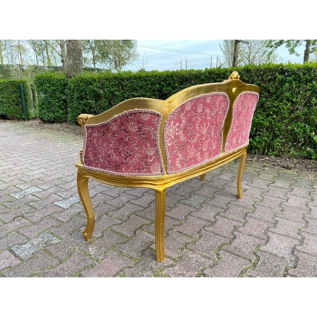 French 1970s French Louis XVI Gilt Gold Damask Settee 1 Pc For Sale - Image 3 of 10