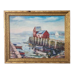 Mid 20th Century Rockport Mass Scenic Harbor Boatyard Framed Painting