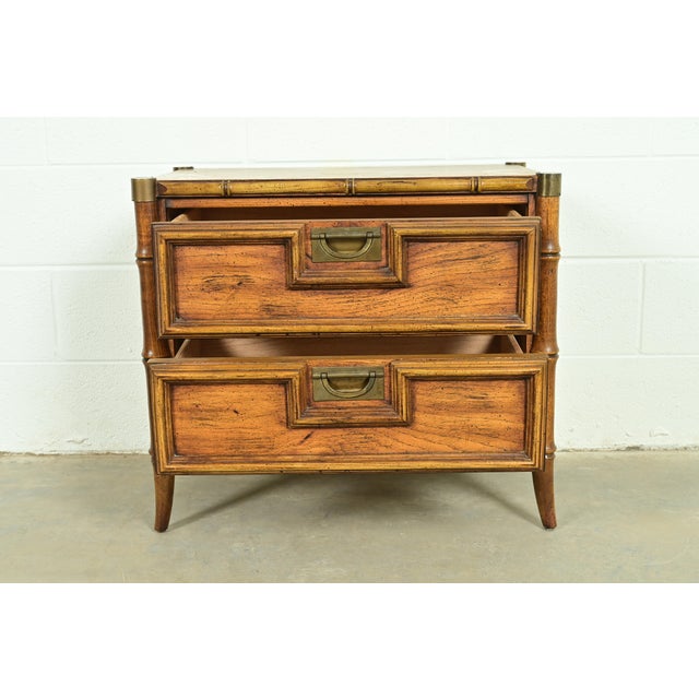 Mid-Century Hollywood Regency Campaign Carved Walnut Faux Bamboo Nightstand by Stanley, Circa 1960s For Sale In South Bend - Image 6 of 15