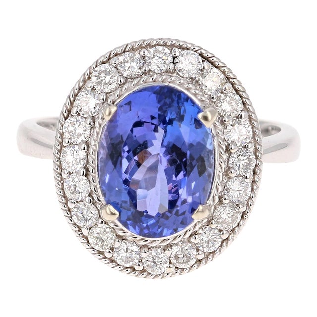 4.27 Carat Oval Cut Tanzanite Diamond White Gold Ring Size 7.5 For Sale