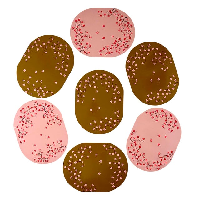 2010s Vintage Whimsical Hand-Painted Cherry Blossom Placemats, Mixed Blush & Bronze, Set of 7 For Sale - Image 5 of 12