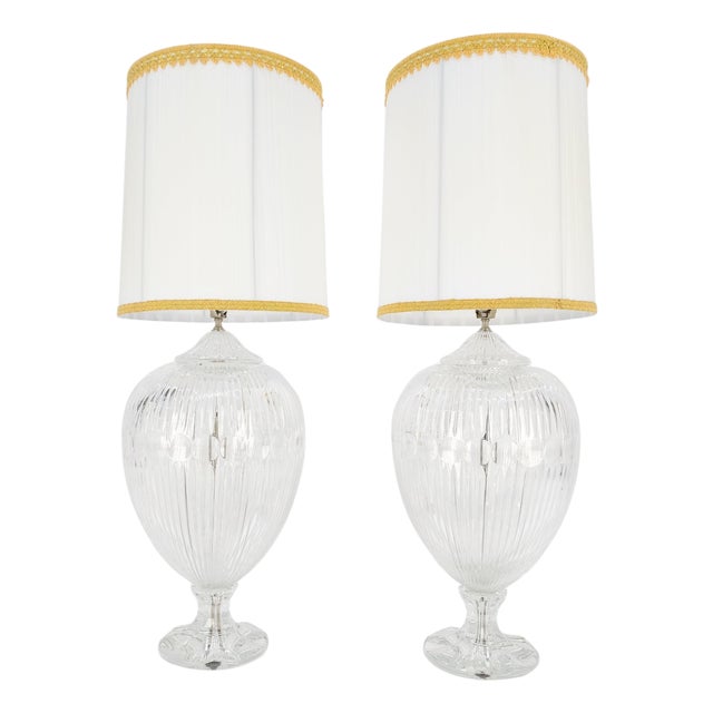 Pair of Large 14" Diameter Cut Glass Urn Vase Shape Table Lamps Stunning MINT For Sale