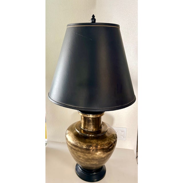 Late 20th Century 1970's Oversized Gold Brass and Black Wood Lamp With Black Shade in the Style of Ralph Lauren For Sale - Image 5 of 13