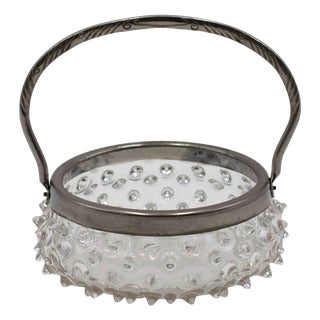 Murano Glass Basket with Silver-Toned Frame & Hobnail Design, Italy For Sale