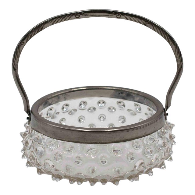 Murano Glass Basket with Silver-Toned Frame & Hobnail Design, Italy For Sale