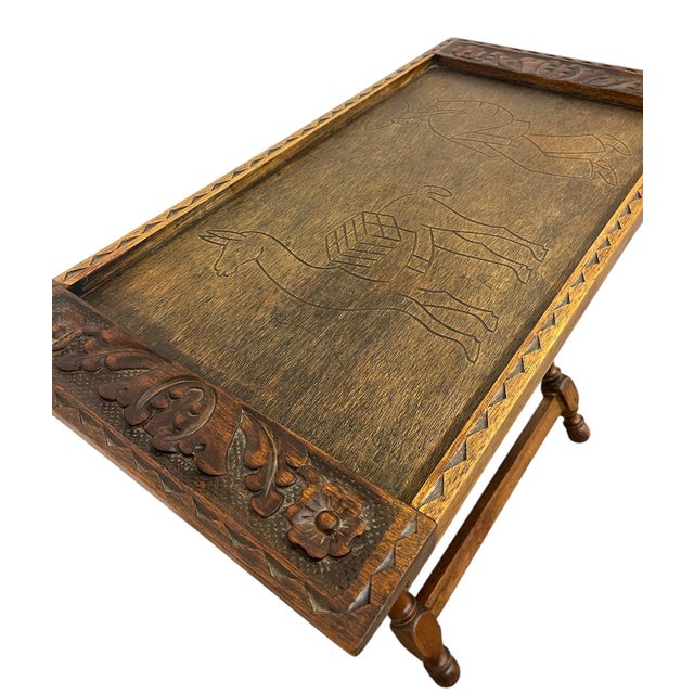 Wood Hand-Carved Wooden Tray With Folding Stand - Carved Llama and Figure Motif, Turned Legs For Sale - Image 7 of 9
