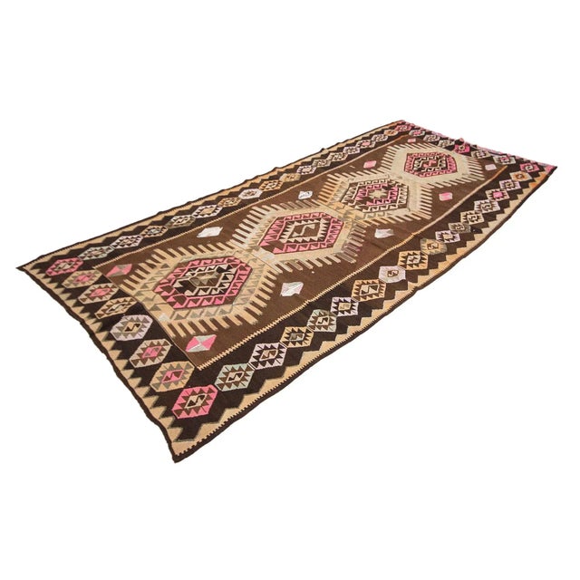 Boho Chic Brown & Pink Vintage Turkish Kilim Rug For Sale - Image 3 of 7