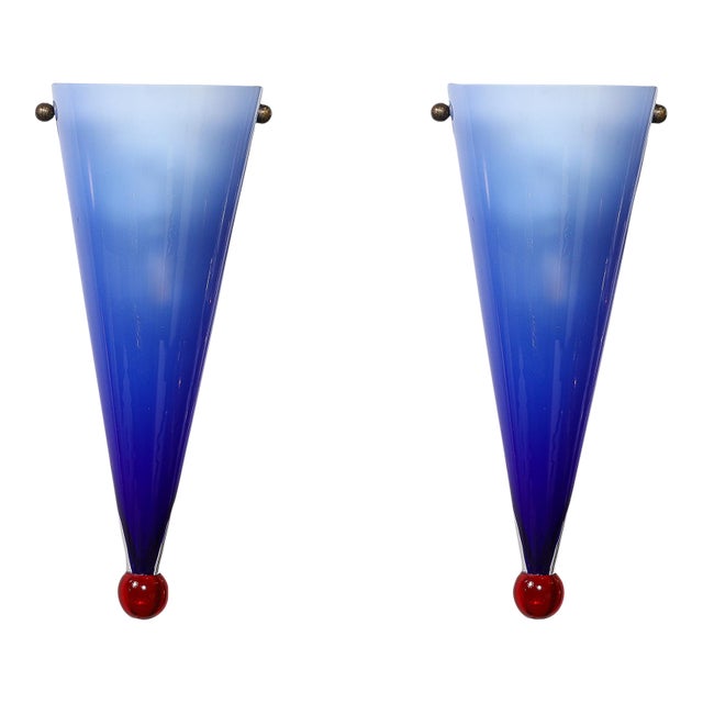 Mid-Century Hand-Blown Periwinkle Murano Glass Conical Sconces Signed Cenedese For Sale