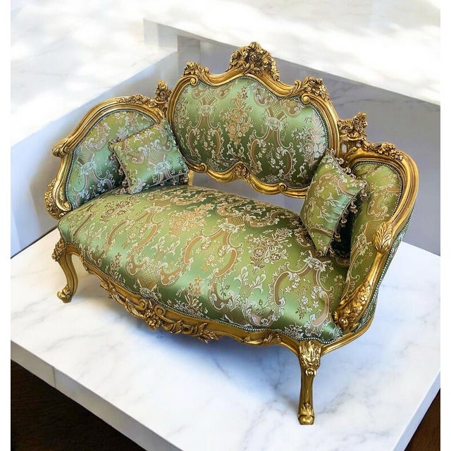 French Style Green Damask Sofa For Sale - Image 4 of 4