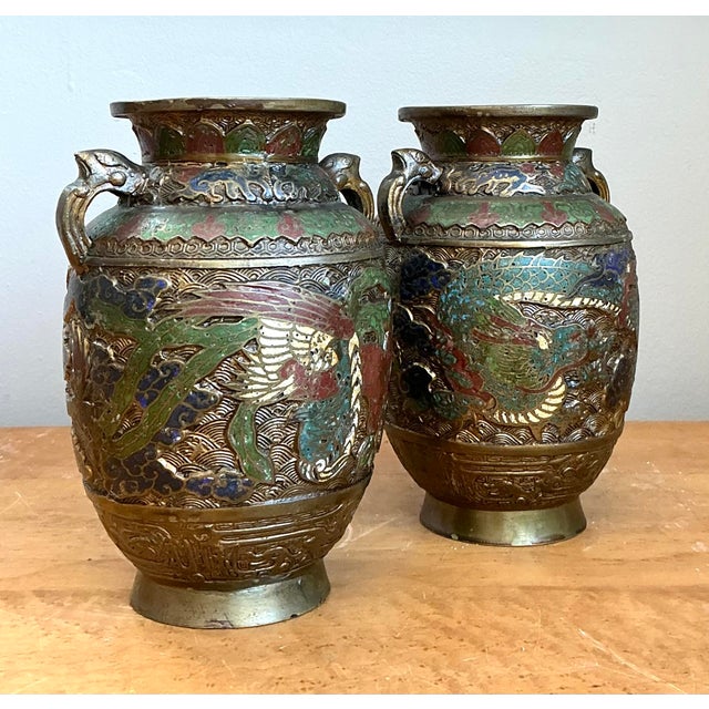 Vintage Asian Cloisonné Urns - A Pair For Sale - Image 4 of 12