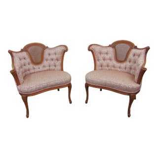 Louis XV Style Carved Fruitwood Tufted Fireside Chairs - a Pair For Sale