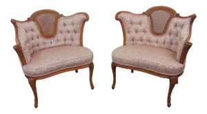 Louis XV Style Carved Fruitwood Tufted Fireside Chairs - a Pair
