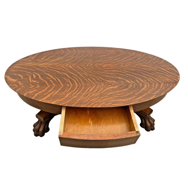 American Antique Tiger Oak Oval Coffee Table, Carved Paw Feet, Drawer, Shelf, By: Piqua For Sale - Image 3 of 12