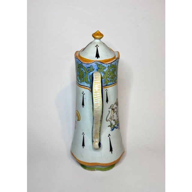 French Provincial Share Antique Desvres French Faience Chocolate Pot With Breton & Decor Riche Border For Sale - Image 3 of 13