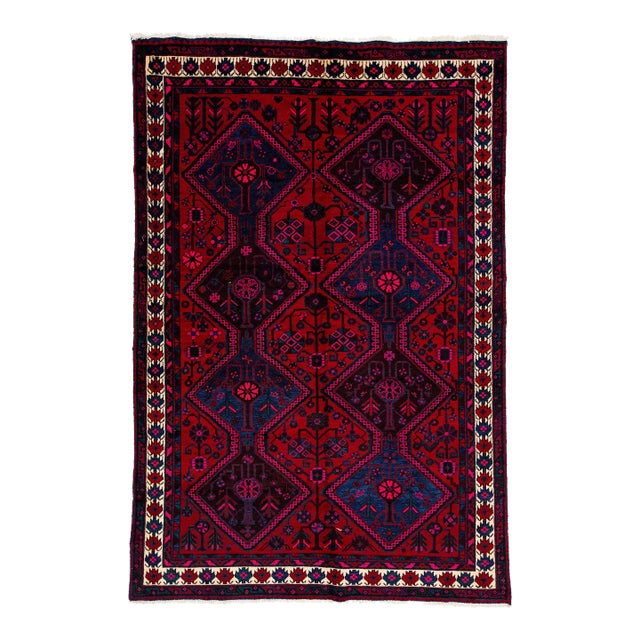 1960s Tribal Persian Shiraz Handmade Wool Rug in Red and Blue For Sale