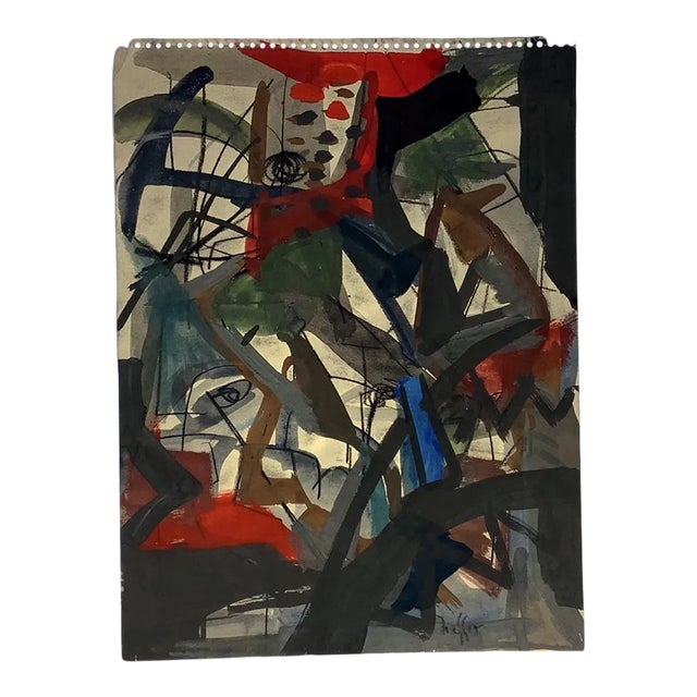 Mid 20th Century Abstract Composition Gouache Painting by Josef Presser, Framed For Sale