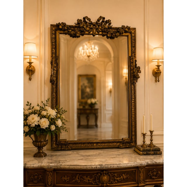 An exceptional and richly detailed antique French giltwood mirror, featuring an elaborate hand-carved crest of cascading...