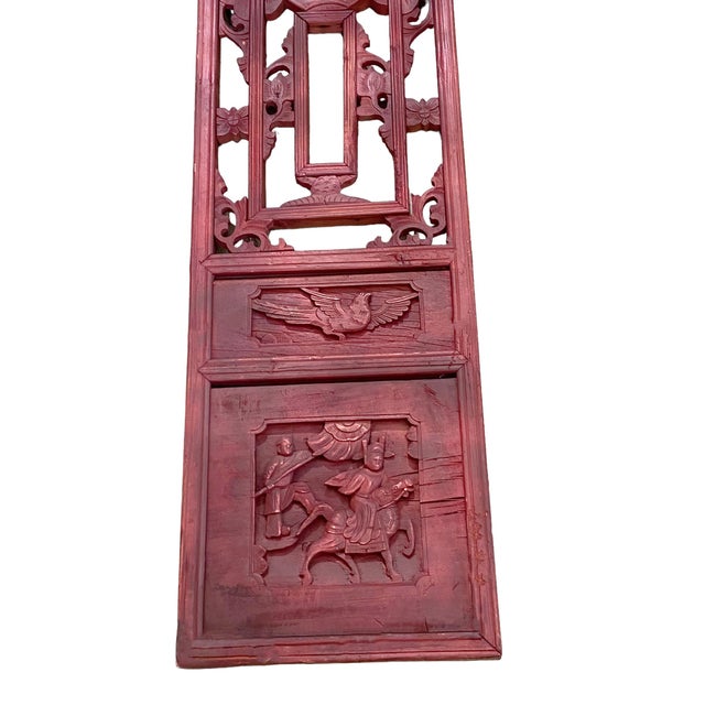 Superb Chinoiserie antique elm wall hanging with hand-sculpted high relief warrior on horse birds etc... Made in China in...