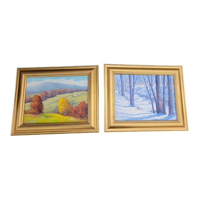 1980s Pair Vintage Oil Painting in Gold Leaf Frames For Sale