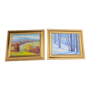 1980s Pair Vintage Oil Painting in Gold Leaf Frames