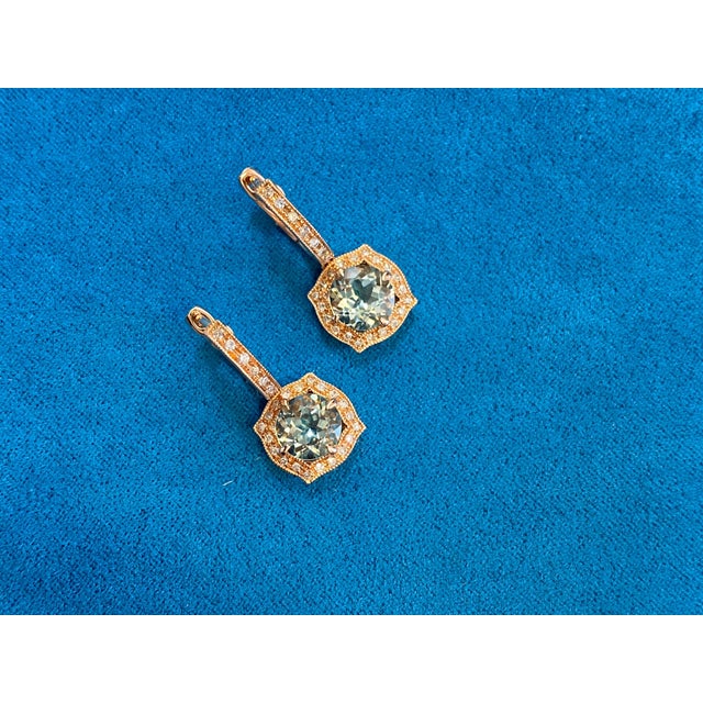 Green Amethyst Prasiolite Diamond Halo Rose Gold Huggie Drop Unique Earrings, A Pair For Sale - Image 4 of 11