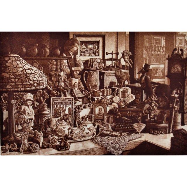 This artwork titled "Scotts Antiques" c. 1985 is an original sepia etching by American artist Scott Fitzgerald. It is hand...