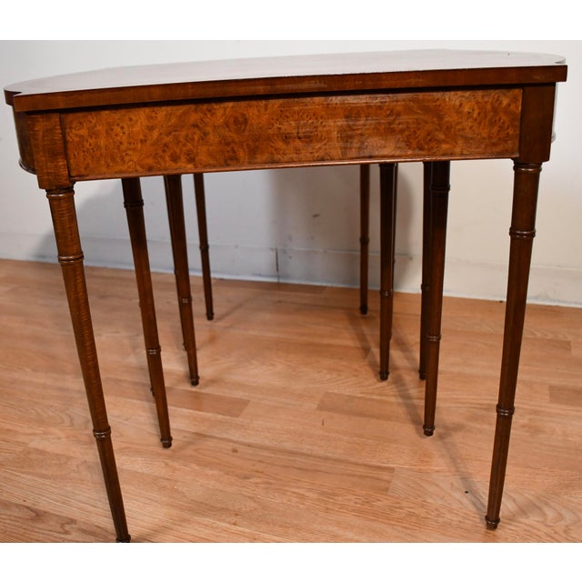 English 1960s Vintage Baker Furniture English Mahogany Burl Wood Nesting Tables Tiered Set For Sale - Image 3 of 13