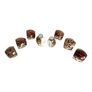 Vintage Tiger Cowrie Shell Salt/Pepper and Napkin Rings Set For Sale