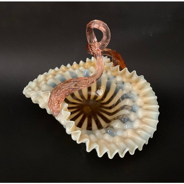 1960s Vintage Murano Art Glass Basket with Opaline Bowl and Pink Twisted Handle, Italy, 1960s For Sale - Image 5 of 9