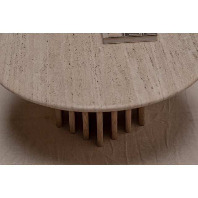 Beige Mid-Century Modern Coffee Table in Oak and Travertine, 1970s For Sale - Image 8 of 11