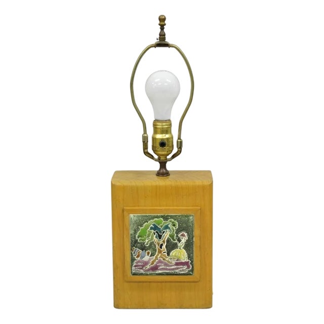 Vintage J. Warner Prins Tile Mid Century Modern Cerused Wood Small Table Lamp For Sale