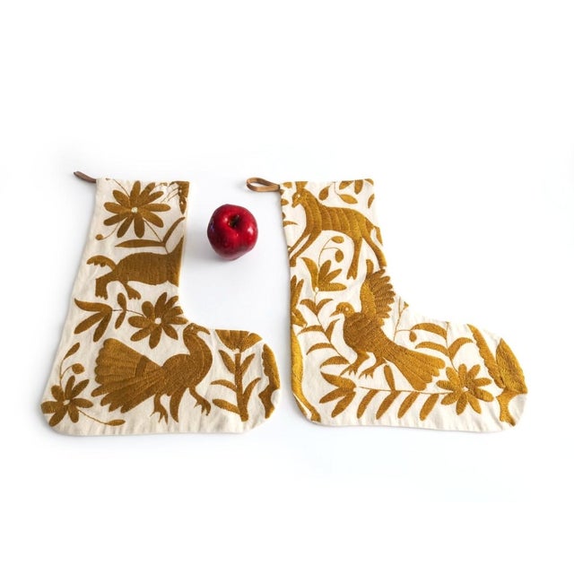 Mexican Handmade Mexican Otomi Tenango Embroidered Christmas Stockings, Amber Gold & Natural, Pair For Sale - Image 3 of 11