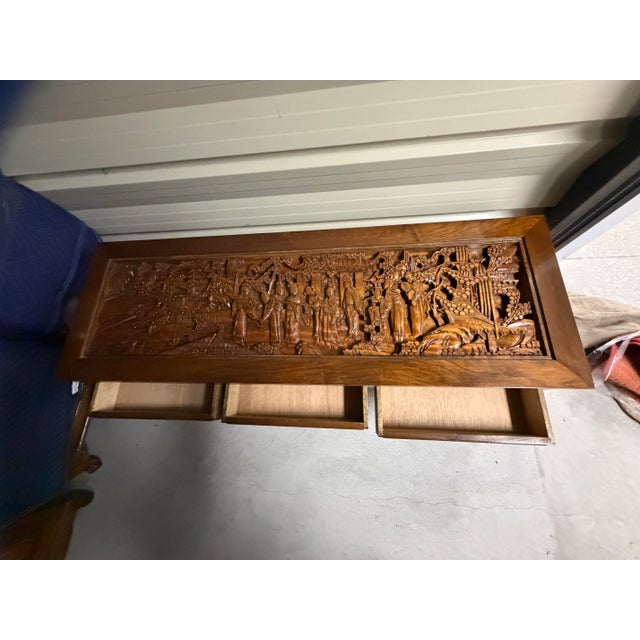 Chinoiserie Vintage Mid-Century South East Asian Hand-Carved Teak Coffee Table - Detailed Relief Scene For Sale - Image 3 of 9