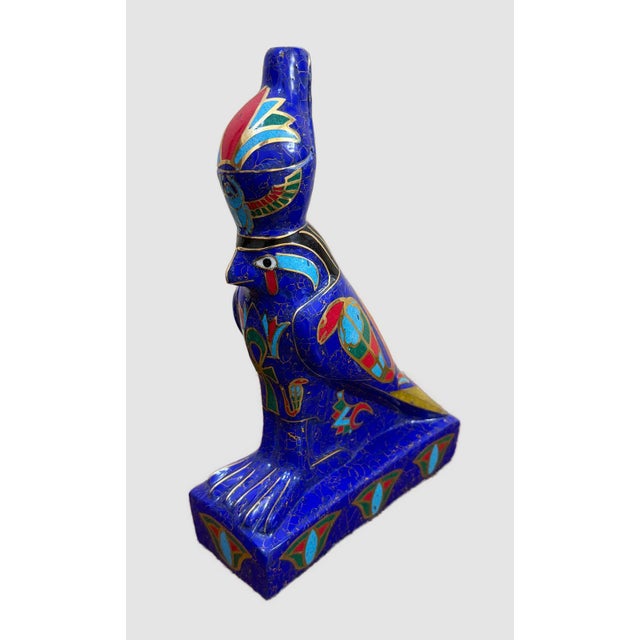 Metal Handmade Egyptian Horus Falcon Statue Inlaid With Lapis, Turquoise & Malachite – 12” For Sale - Image 7 of 7