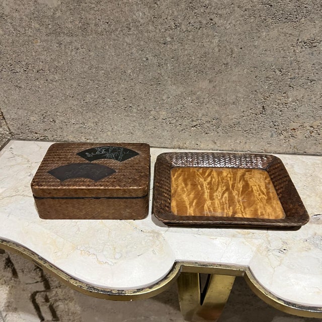 Antique Japanese Lacquer Cigarette Box Set With Bamboo & Silver Insert For Sale - Image 4 of 13