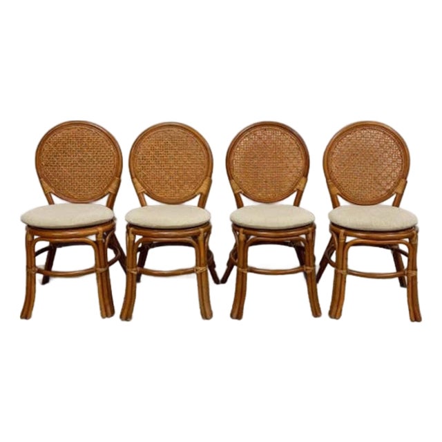 Late 20th Century Cane Rattan Round Dining Chair Set Four Cushion Coastal Hollywood Regency For Sale