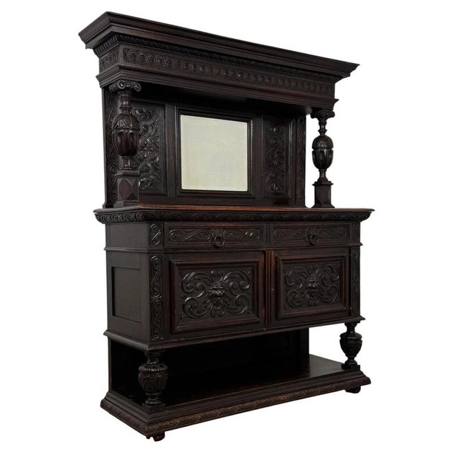 Antique Victorian English Carved Oak Mirror-Back Sideboard For Sale - Image 6 of 13
