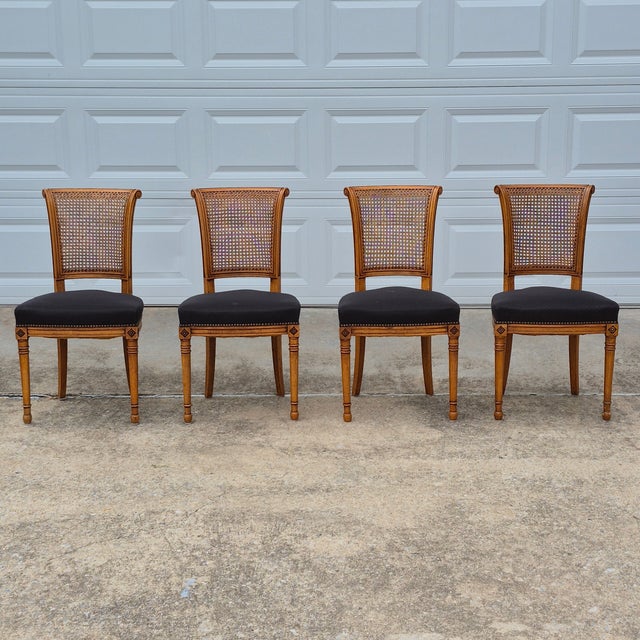 French c.1940s Directoire Neoclassical French Regency Fruitwood Cane Back Dining Chairs, Set of 4 For Sale - Image 3 of 17