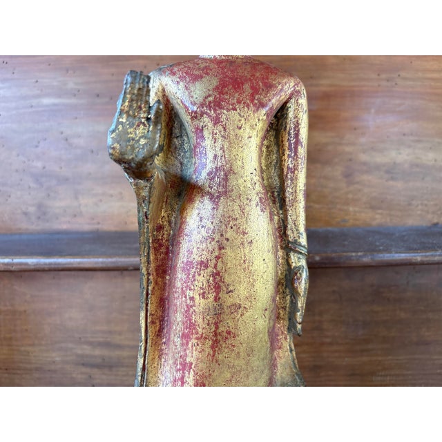 Rustic Burmese Artist, Mandalay Standing Buddha, Late 19th-Early 20th Century, Carved, Lacquered and Gilded Wood For Sale - Image 3 of 12