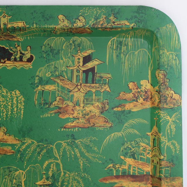 Vintage Hand Painted Chinoiserie Tole Tray Emerald Green and Gold Lacquer Rectangular Serving Tray For Sale - Image 9 of 16