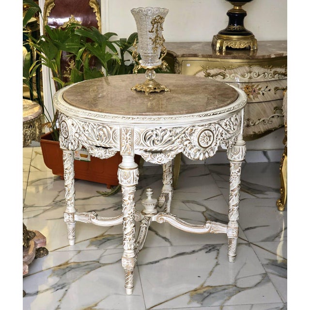 Rococo Grand Carved Round Dining Table With Marble Top, Antique White Finish & Hand-Gilded Details For Sale - Image 3 of 3