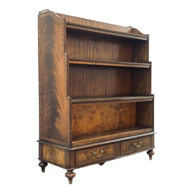 Rare Maitland-Smith Regency Style Pivoting Mahogany Bookcase and Flat Screen Tv Stand With Fretwork Gallery Rail and Drawer Pulls in Brass For Sale