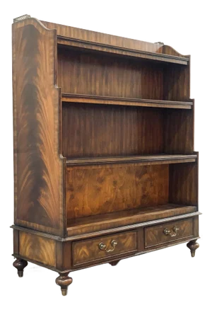 Rare Maitland-Smith Regency Style Pivoting Mahogany Bookcase and Flat Screen Tv Stand With Fretwork Gallery Rail and Drawer Pulls in Brass