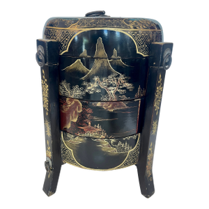 Chinese Three Tiered Black & Gold Lacquer Wedding Basket, 19Th Century