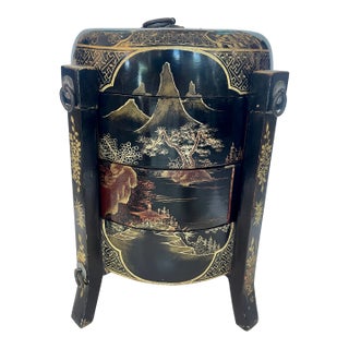 Qing Dynasty Chinese Black and Gold Lacquer Multi-Tiered Wedding Box For Sale