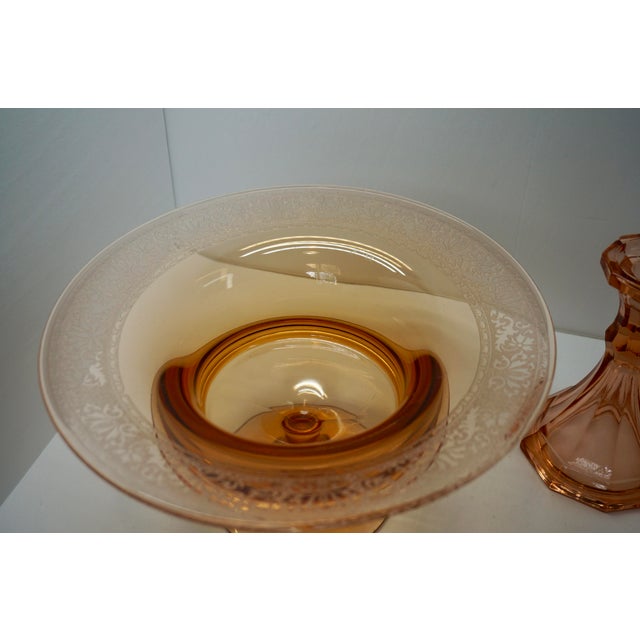 American Depression Era Pink Elegant Glass Set: Etched Footed Console Bowl & Candlesticks For Sale - Image 3 of 4