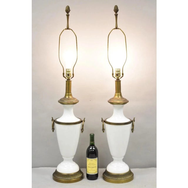 Vintage French Neoclassical Style White Milk Glass Urn Table Lamps by Paul Hanson - a Pair. Circa Mid 20th Century....