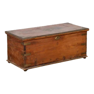 19th Century Indian Wood & Brass Inlay Blanket Chest Trunk
